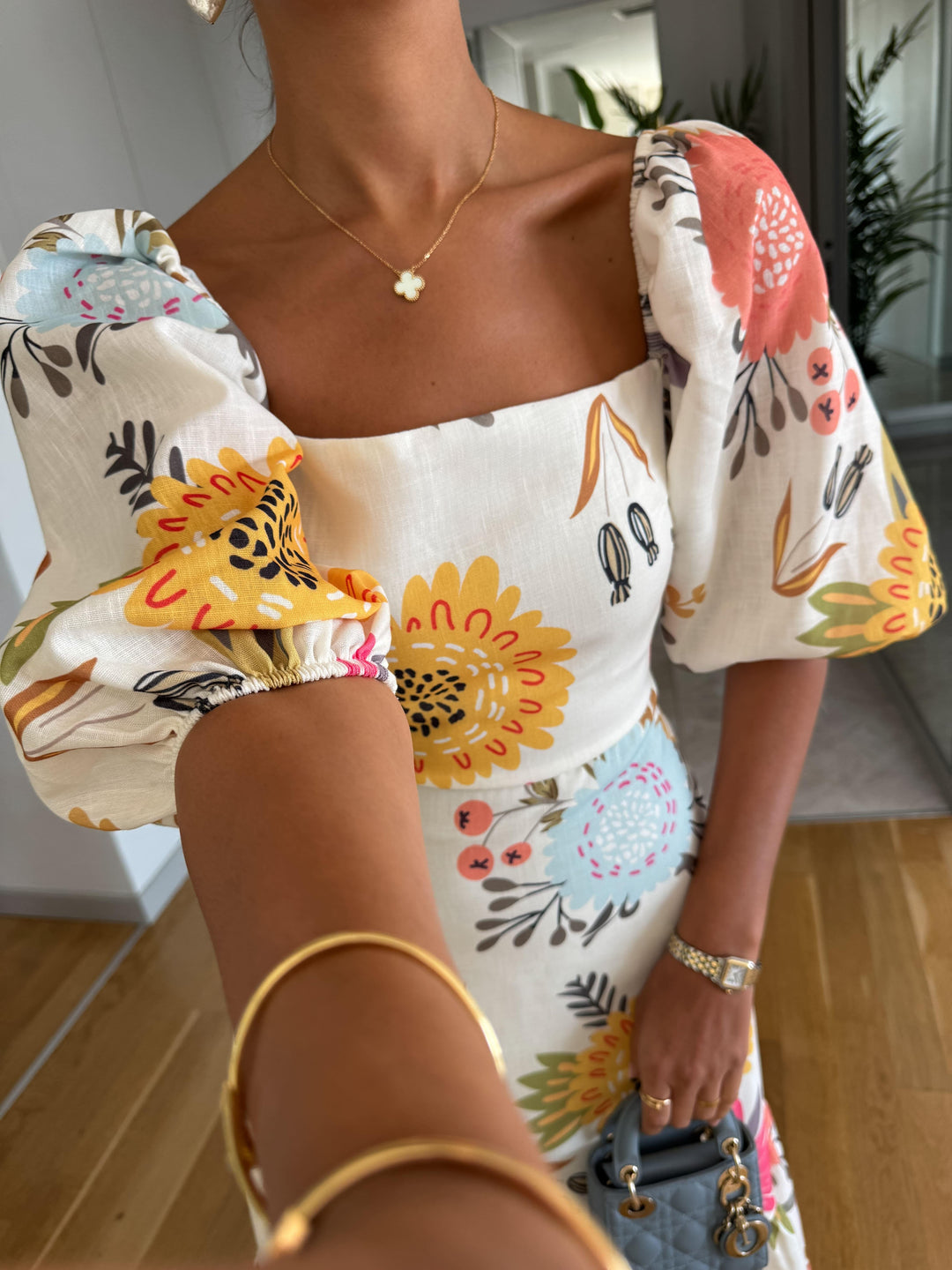 Square Neck Floral Print Puff Sleeve Dress