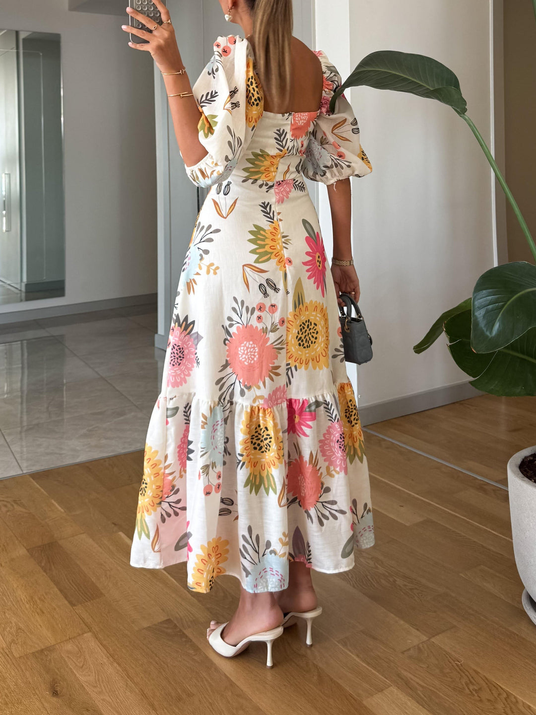 Square Neck Floral Print Puff Sleeve Dress
