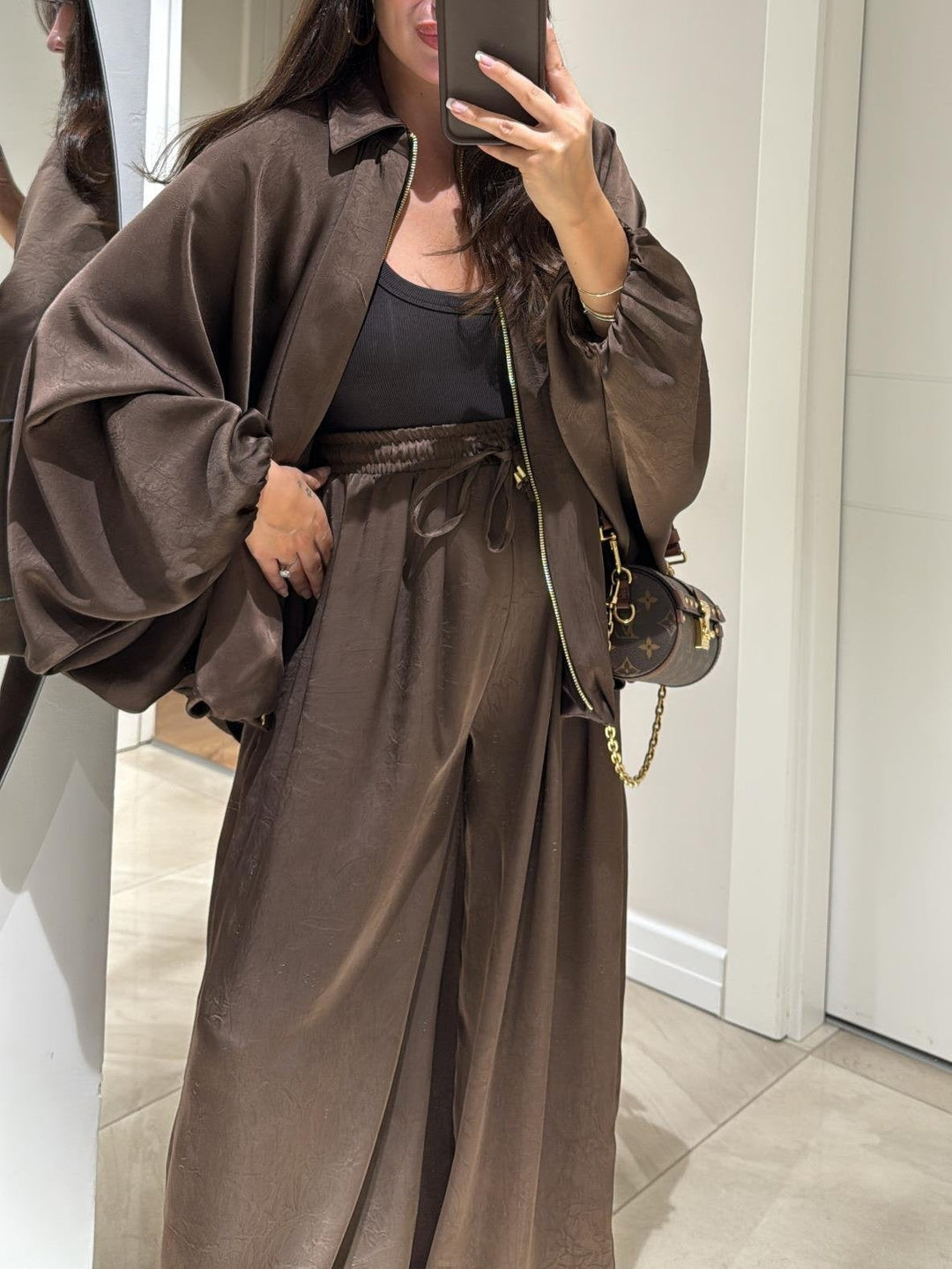 Brown Drawstring Wide-leg Casual Pants