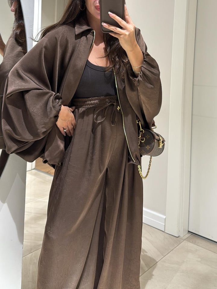 Brown Drawstring Wide-leg Casual Pants