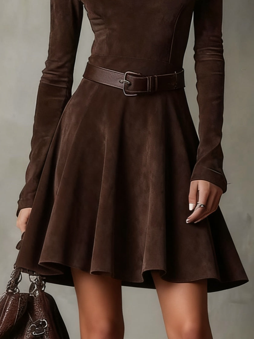Vintage Dark Brown Suede Mock Neck Dress