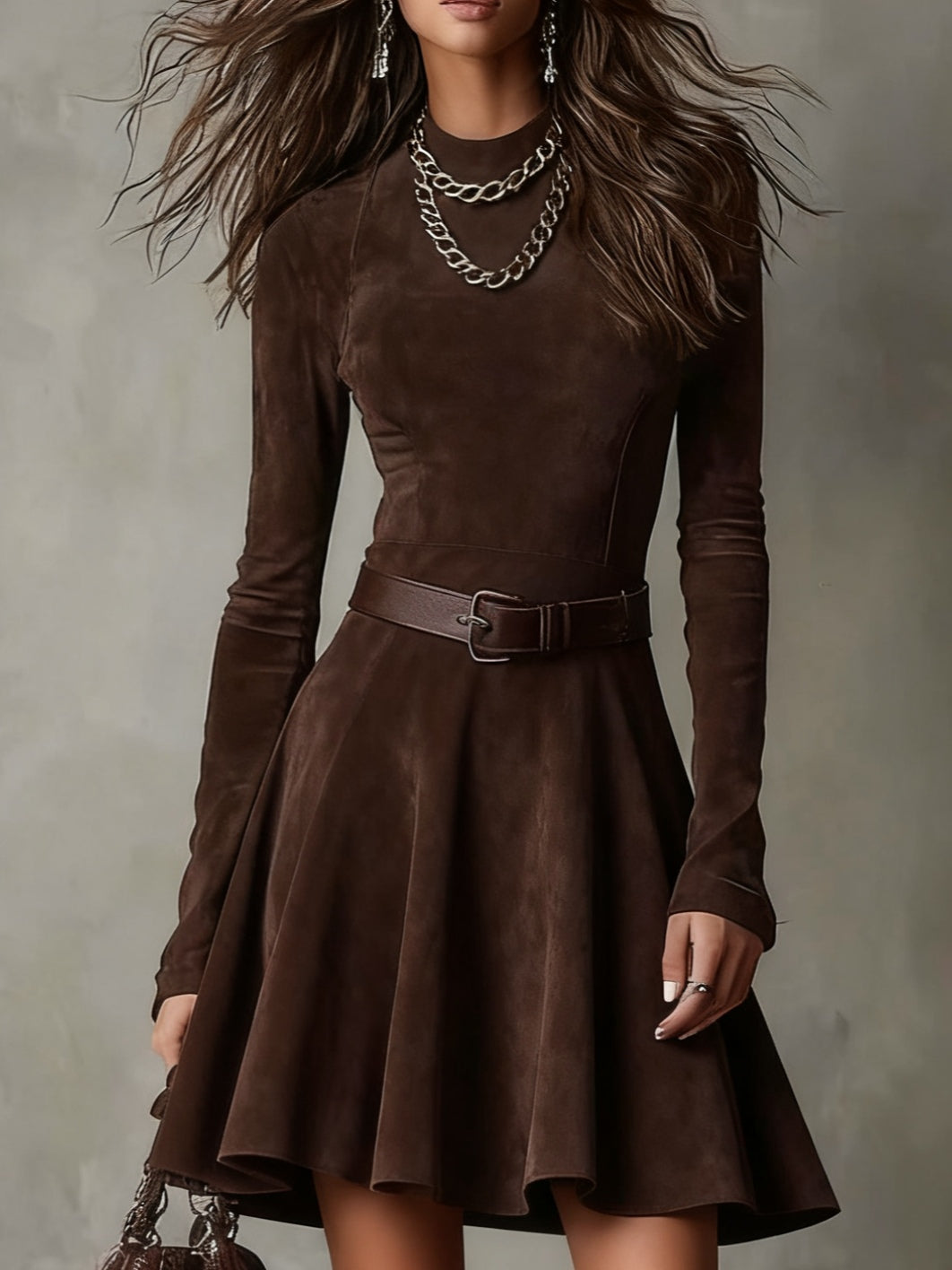 Vintage Dark Brown Suede Mock Neck Dress