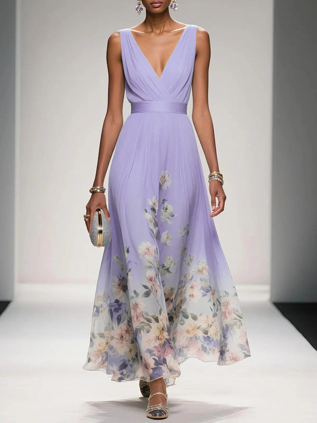 Light Blue Floral Chiffon V Neck Sleeveless Dress