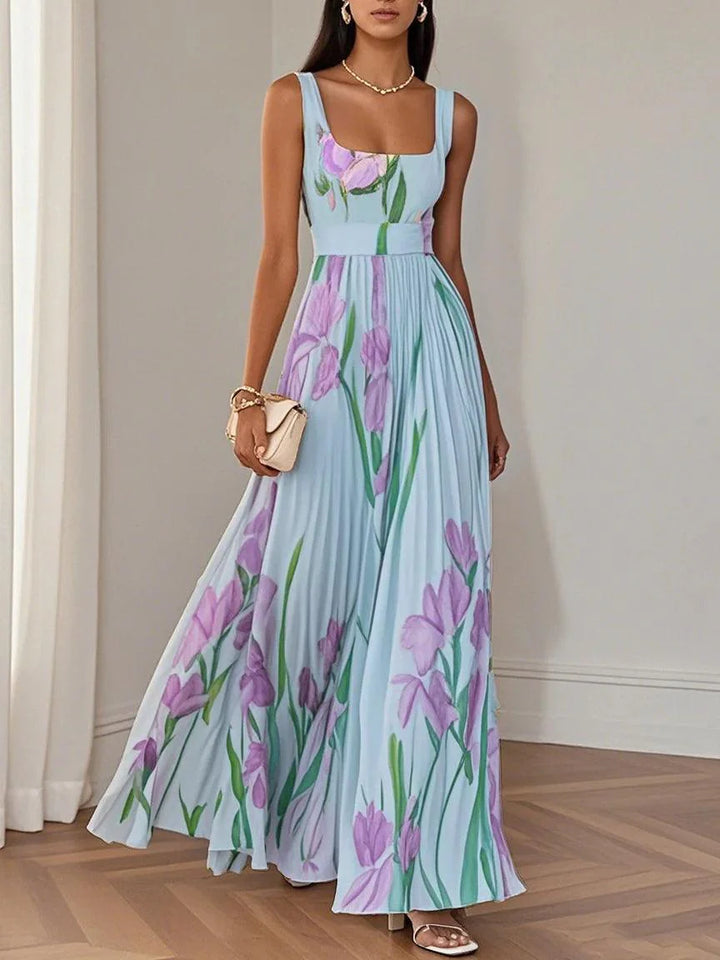 White Pleated Floral Chiffon Square Neck Sleeveless