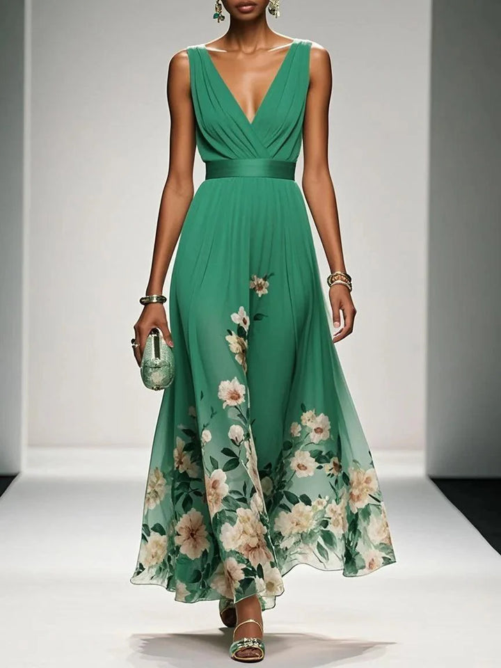 Light Blue Floral Chiffon V Neck Sleeveless Dress