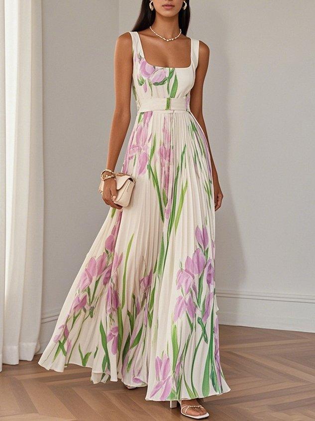 White Pleated Floral Chiffon Square Neck Sleeveless