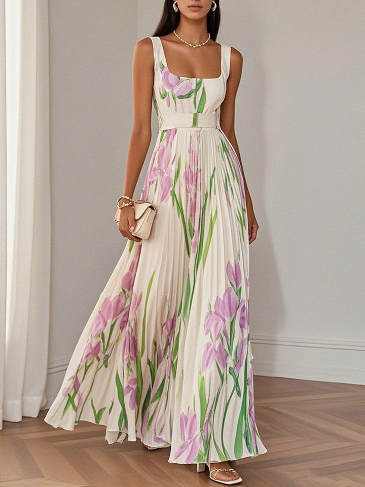 White Pleated Floral Chiffon Square Neck Sleeveless