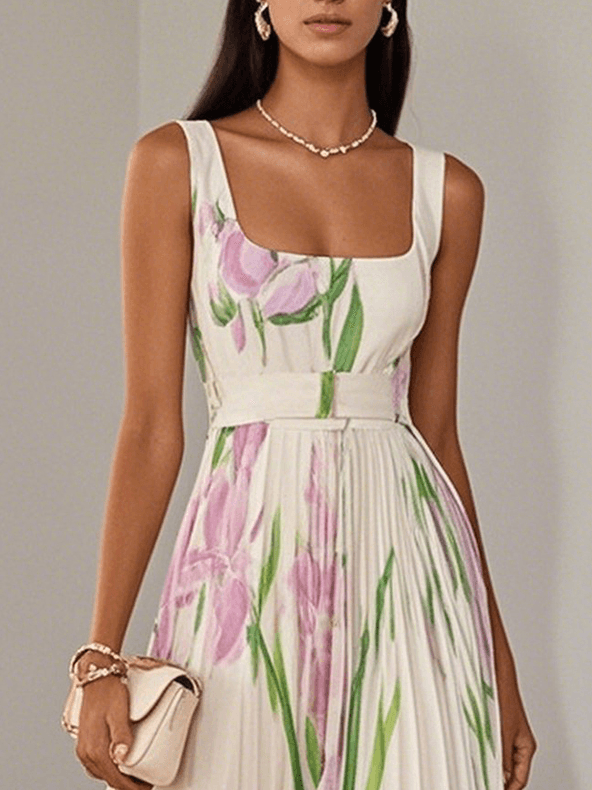 White Pleated Floral Chiffon Square Neck Sleeveless