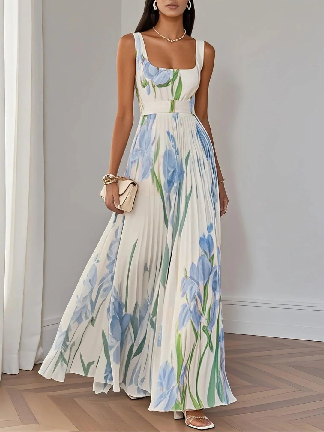White Pleated Floral Chiffon Square Neck Sleeveless