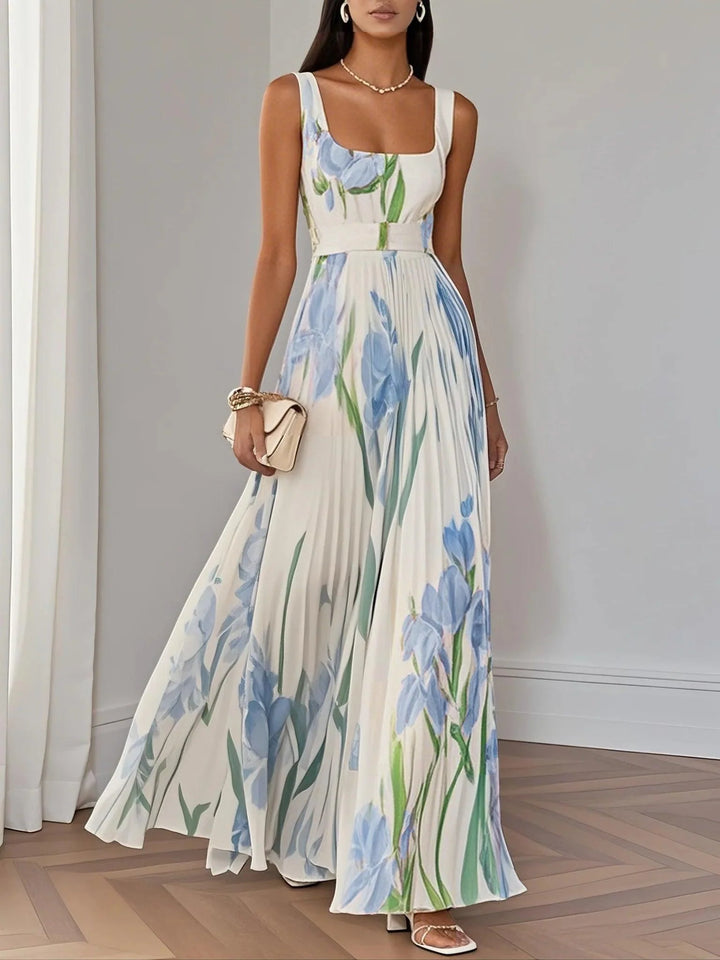 White Pleated Floral Chiffon Square Neck Sleeveless