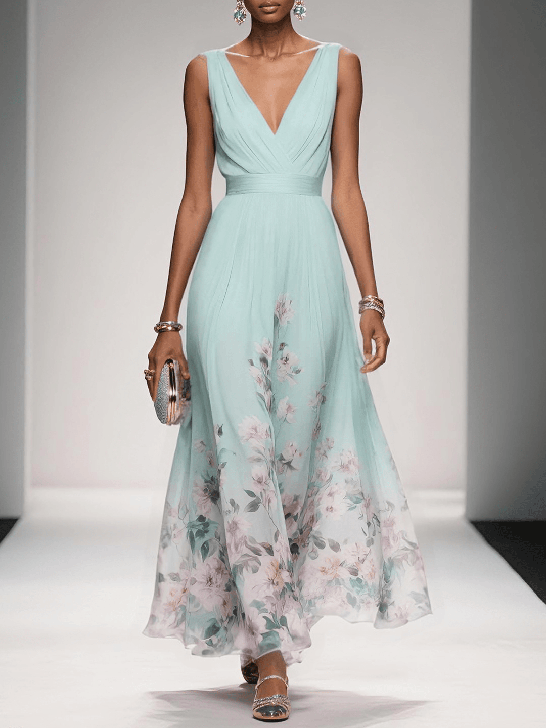 Light Blue Floral Chiffon V Neck Sleeveless Dress