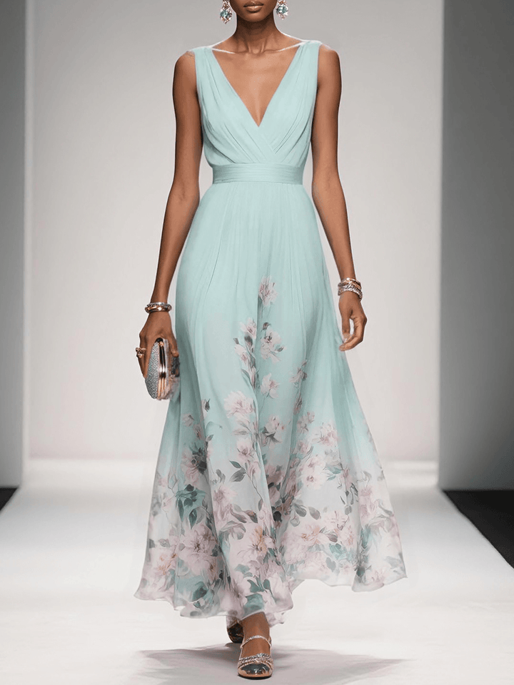 Light Blue Floral Chiffon V Neck Sleeveless Dress