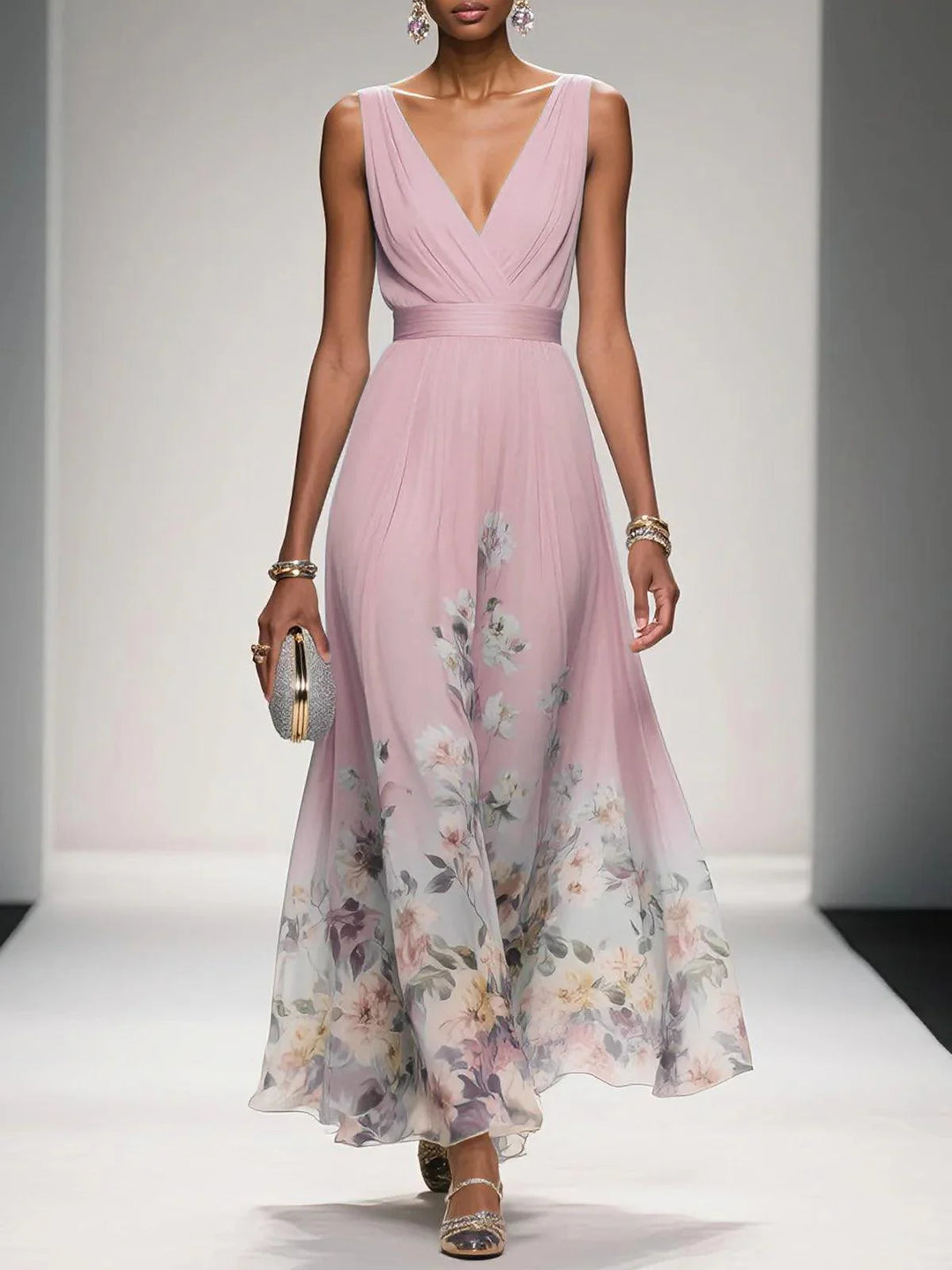 Light Blue Floral Chiffon V Neck Sleeveless Dress