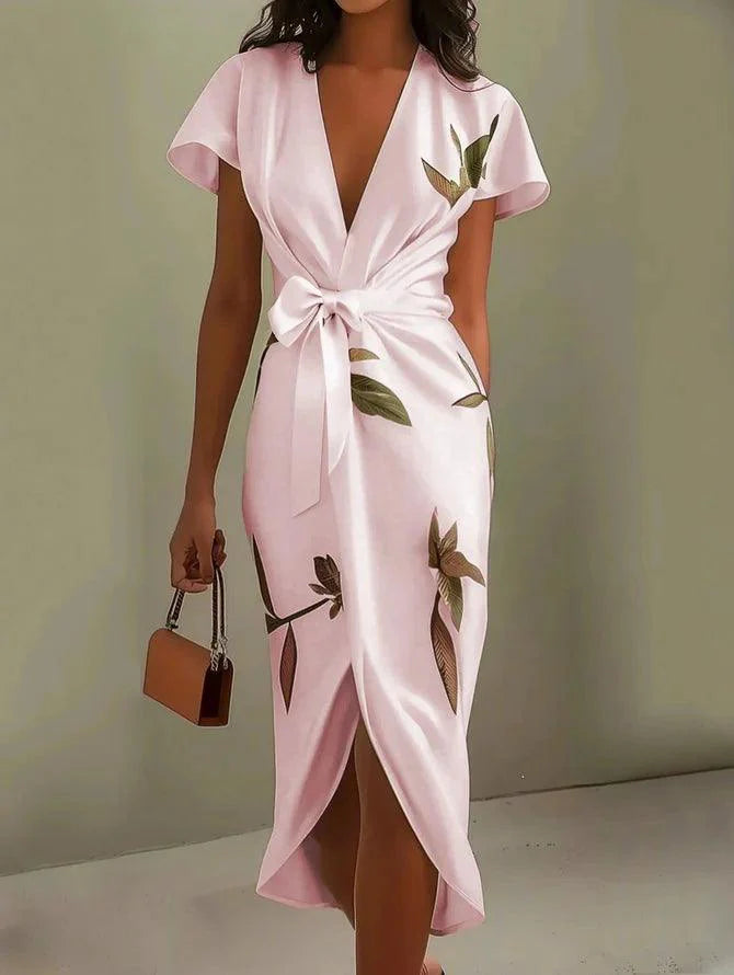 White Leaf Satin Wrap Sheath Dress
