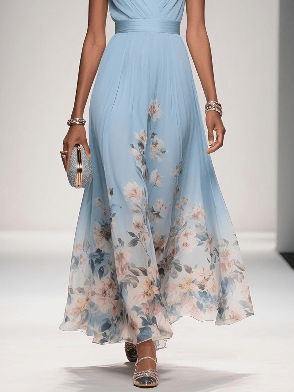 Light Blue Floral Chiffon V Neck Sleeveless Dress