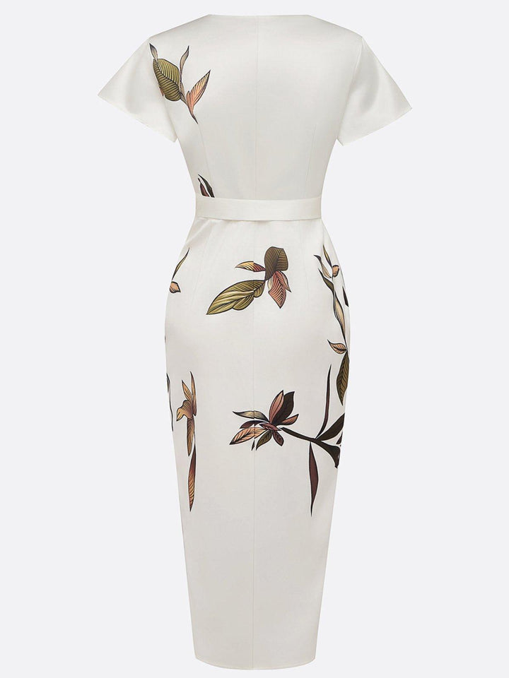 White Leaf Satin Wrap Sheath Dress