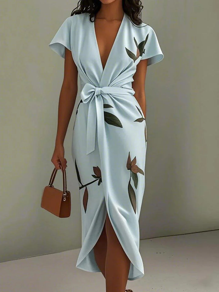 White Leaf Satin Wrap Sheath Dress