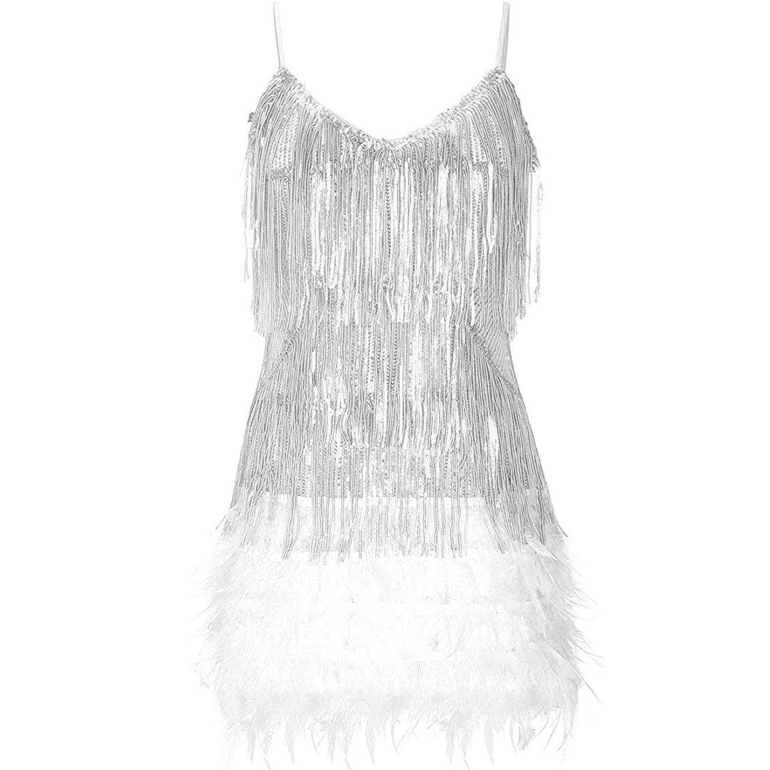 Shimmery Scoop Neck Sequin Fringe Feather Slip Flapper Dress